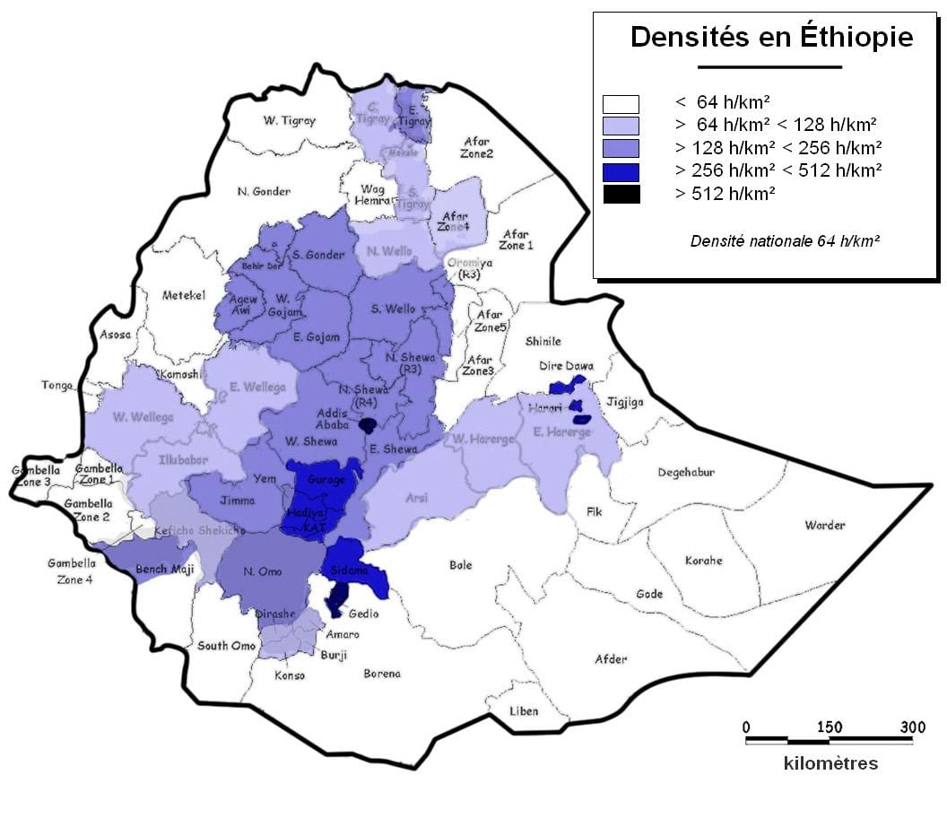 Ethiopia mật độ dân bản đồ